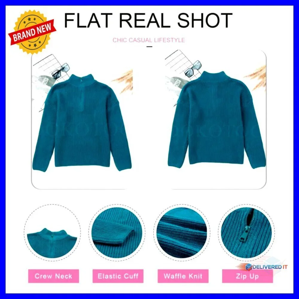 Long Sleeve 1/4 Zip Pullover Sweater V Neck Chic Casual Stretchy Knit Top